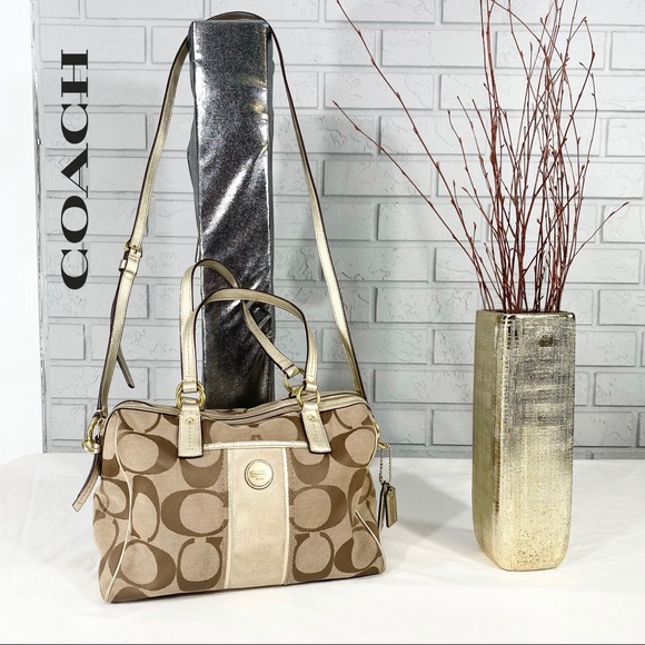 Coach Handbags - COACH Signature Khaki Metallic Gold Striped Satchel Bag Removable Strap